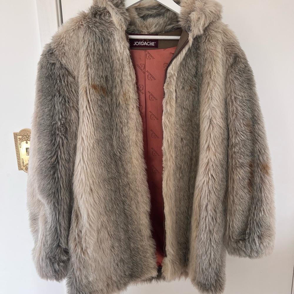 Jordache Plush Faux Fur Jacket in Gray and Cream